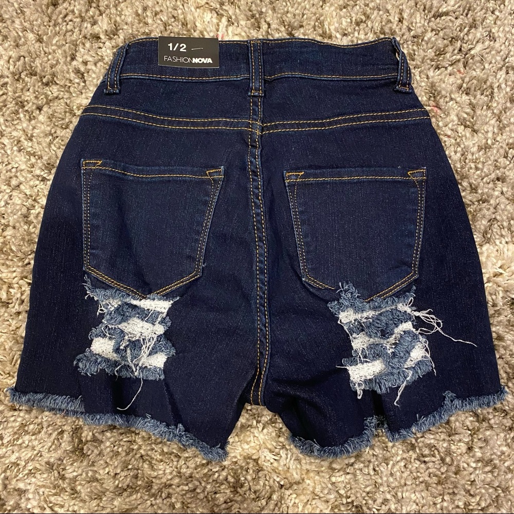Fashion Nova Aphrodite High Rise Booty Ripped Denim Shorts Dark Wash 1/2